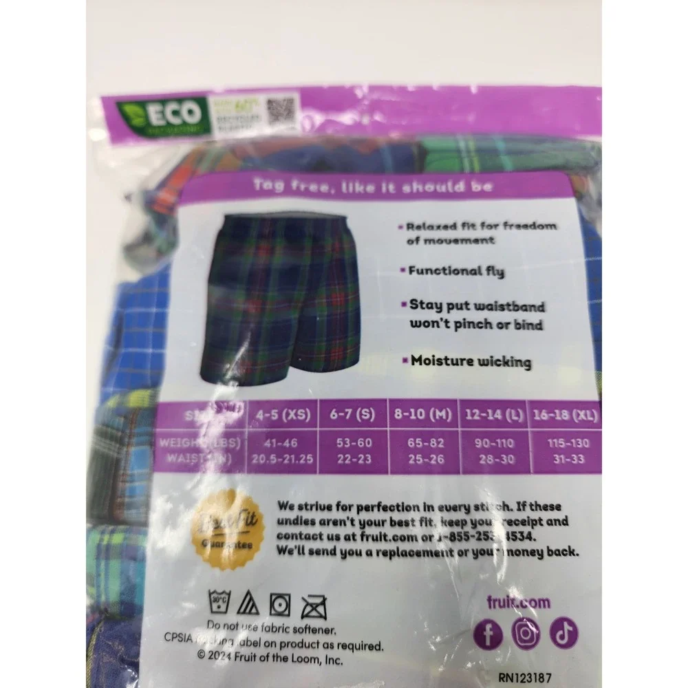 Fruit of the Loom Boys Plaid Boxers Blue Cotton Blend Casual Size Medium 8-10